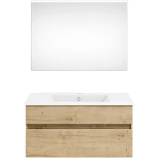 Puris Badezimmer , Eichefarben , Holzwerkstoff , 2 Schubladen , 92 cm , Goldenes M, Made in Germany , hängend , Badezimmer, Badmöbelsets & Badmöbelserien, Badmöbel-Sets