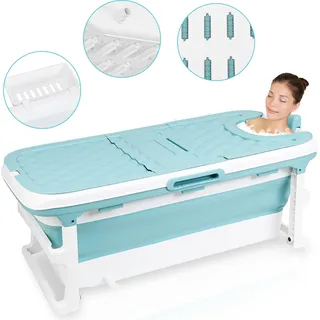 Jopassy Faltbare Badewanne Erwachsene 132cm mit Abdeckung, Nackenkissen, Fussmassageroller, Praktisch und Tragbar, Mobile - Blau