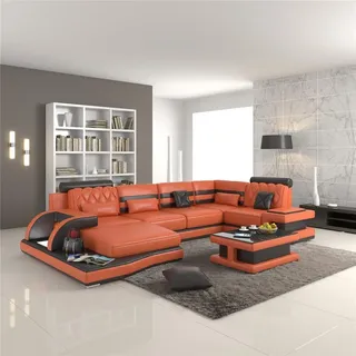 Wohnlandschaft Ecksofa Big XXL U Form Couch - Orange, Schwarz