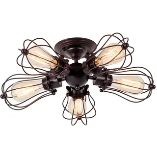 Luling Vintage Deckenleuchte Industrielüster Verstellbare Steckdose Metalldrahtkäfig Halbschlussmontage Rustikale Decke Leichtmetalllampe Lampen (ohne Glühbirne) (mit 5 Licht) (Rost)