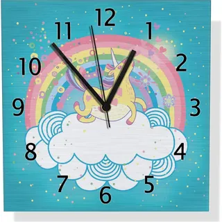 Wallario Design Wanduhr Lustiges Einhorn auf einer Wolke vor Regenbogen aus Aluverbund, Größe 30 x 30 cm - Türkis