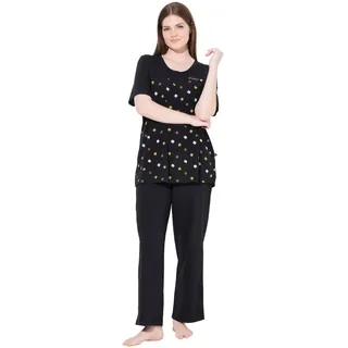 Ulla Popken Damen große Größen Übergrößen Plus Size Pyjama, Blüten, Stickerei, Rundhals, Halbarm schwarz 50+ 842589100-50+