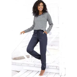 Pyjama VIVANCE DREAMS, Damen, Gr. 40/42, blau (dunkelblau), Single Jersey, Obermaterial: 100% Baumwolle, bestickt, gestreift, Basic, bequem lang, Rundhals, Raglanärmel, Homewear-Sets Pyjama, mit garngefärbten Streifen, Topseller