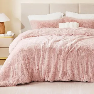 Sacebeleu Plüsch Bettwäsche Set 200x200cm Altrosa Rosa Warme Winter Flauschig Flanell Biber Mädchen Bettbezug Deckenbezug mit Reißverschluss und 2 Kissenbezug 80x80cm Doppelbett