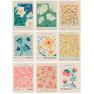 Werownsgso 9 Stück Blumenposter-Set 40x60cm Mode Abstraktes Blumenbild-Set Wandgemälde Retro-Bild Wanddekoration Wandposter ästhetik Geeignet Für Wohnzimmer Schlafzimmer Esszimmer