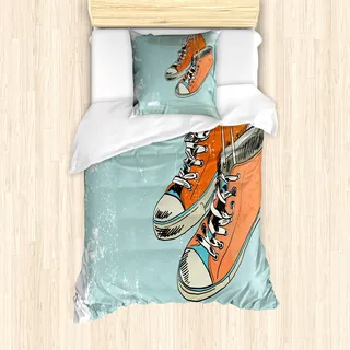 ABAKUHAUS Modern Mantele, Weinlese-Punksportschuhe, Milbensicher Allergiker geeignet mit Kissenbezügen, 135 cm x 200 cm - 80 x 80 cm, Orange Hellblau - Orange