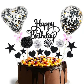 VYZUTR Tortendeko Schwarzgold 17 Stück, Happy Birthday Kuchendeko, Kuchendeko Geburtstag Mädchen, Cake Topper, Papierfächer Sterne Herz Cupcake Tortenstecker für Geburtstag Dekoration Junge Mädchen