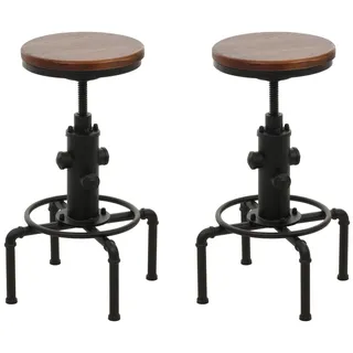 Mendler 2er-Set Barhocker HWC-N23 höhenverstellbar drehbar Industrial Eisen Massiv-Holz  - Braun