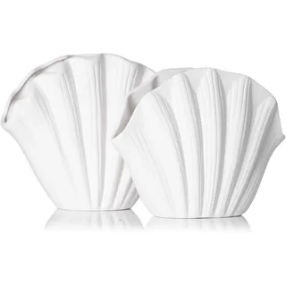 2er Set Keramikvasen in Muschelform, Weiß, 16 cm & 14,5 cm, Deko Vasen für Kurze Trockenblumen und Kunststiele, Tisch-, Regal-, Sideboard- und Wohnzimmerdeko im Küstenstil