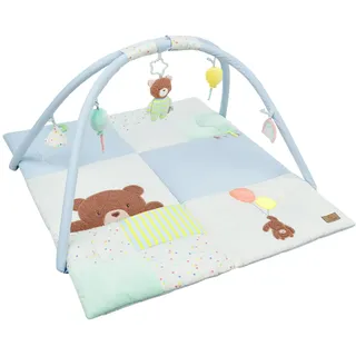 Sterntaler Spielbogen Bär Bob, Baby-Spielbogen mit Patchwork-Design, Stickmotive, Spiegel, Rassel, Quietsche und Knisterpapier, abnehmbarer Bogen und Spielteile, wattiert, 100×80×3 cm, bunt