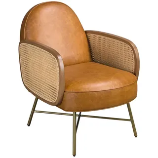 Angel Cerda Ledersessel Angel Cerdá Modell 5162, braun mit Rattan-Details und goldenen Edelstahlbeinen , Braun , Naturmaterialen , Schima , Uni , Füllung: Polyurethan (PUR),Polyurethan (PUR),Polyurethan (Pur) , Freiform,Freiform , 60x80x81 cm , Wohnzimmer, Sessel, Polstersessel