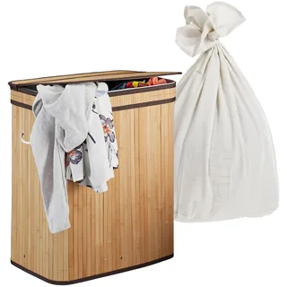 Relaxdays Wäschekorb mit Deckel, 2 Fächer, Bambus, 100 l, faltbar, HxBxT: 60 x 52 x 32 cm, Wäsche Sortiersystem, Natur