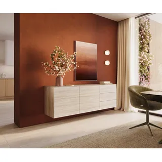 DELIFE Sideboard Cuor 180 cm Keramik Laminam® Travertino Bianco Creme-Weiß 2 Türen 3 Schubfächer Schwebend - Creme