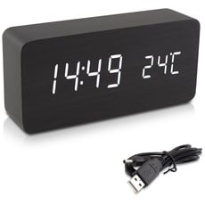 Bild von Wecker Uhr in Holzoptik digital - Digitalwecker Anzeige von Uhrzeit Temperatur Datum - Alarm Clock mit USB Kabel in Schwarz mit weißen LEDs