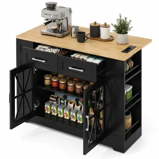 FurnitureR Kücheninsel aus MDF, Küchenwagen mit Klappplatte, 2 Schubladen, 2 Türen, Steckdosenleiste, Glastüren, 120 x 65 x 92 cm, Schwarz mit helles Holzdekor, für Küche, mit viel Arbeitsfläche