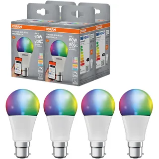 OSRAM SMART+ RGBW, B22d LED-Lampe mit Matter over Wifi, speziell entwickelt für ALEXA, 60W-Ersatz, warmweiß bis kaltweiß(2700-6500K), 16 Mio RGB Farben, 4er-Pack (nicht mit SMART+ App verwendbar)