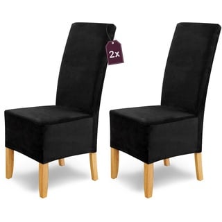 SCHEFFLER-Home Stuhlhusse Puma Schwarz 2er Set Velvet Velours Samt Stretch Stuhlabdeckung als Stuhlhussen Schwingstühle Spann-Stuhlhussen Lang eleganter Chenille Stuhlüberzug