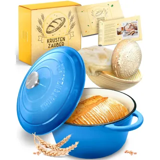 KRUSTENZAUBER Gusseisen Topf Brot Backen [inkl. Gärkorb] - Hochwertiger Emaille Topf 26cm - Idealer gusseiserner Brottopf zum Backen, Gusseisentopf Brotbacken, Brot Backen Zubehör