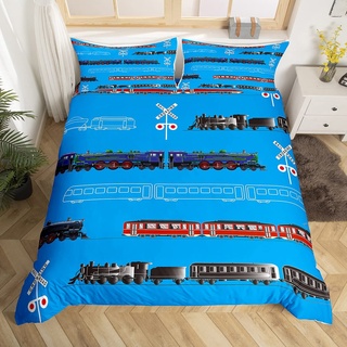 Loussiesd Zug Kinderbettwäsche mädchen 135 x 200 Bettbezug Jungen Retro Dampfmaschine Kleinkind Bettwäsche Set Jugendliche Eisenbahn Track Transport Bettwäsche-Set Rot Blau Schwarz Dekor Zimmer 2St