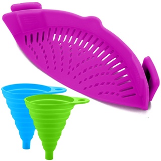 Silikon-Snap-Sieb mit 2 Zusammenklappbaren Trichtern, FineGood Hands-Free Clip-on Hitzebeständiger Colander Pour-Auslauf für Pasta Gemüse-Nudeln Topfschale Pan - Lila