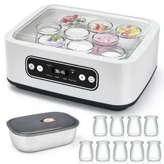Lnopever Jogurtbereiter, 9 Glasbehälter à 90 ml für bis 1,6L selbstgemachten Joghurt,Yogurt Maker mit Temperatur 20-55°C, Abschaltautomatik & LCD-Display, Joghurtmaschine weiß