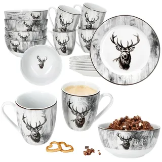 MamboCat Alois 18tlg Frühstücksset I je 6x Frühstücksteller, Müslischalen & Kaffeebecher aus Porzellan I 6 Personen I Holz-Optik & Hirschmotiv in Schwarz-Weiß I für Frühstück & Kaffee