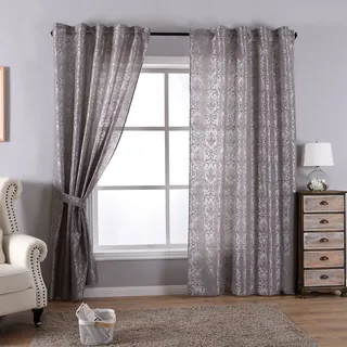 Gardinenbox 2er Set HxB 245x140 cm Vorhang Widseide Optik Grau Barock Blickdicht Flockfasern Deko Gemustert, Blickdicht mit verdecktem Schlaufenband, 20200-20210