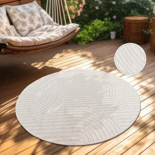 Outdoor Teppich Wetterfest Wohnzimmer Balkon Boho Skandi Design Regenbogen Creme Grösse 200 cm Rund - Creme