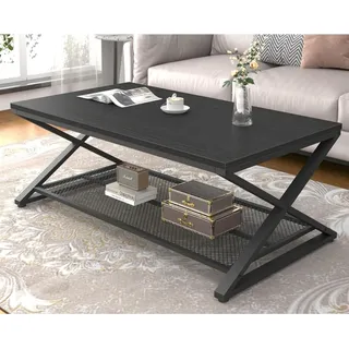 LVB Schwarzer Couchtisch mit 2 Etagen, rechteckiger Teetisch aus Holz - Schwarz