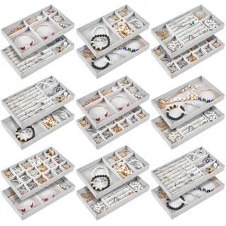 Junkin Schmucktablett aus Samt, stapelbar, Schmuckschublade, Organizer, Kommode, Schrank, Schmuckkästchen, Einsätze, geteiltes Display für Armband, Brosche, Halskette, Ring, Uhr, Armreif (grau)