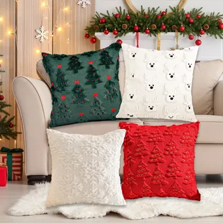 Kissenbezug Weihnachten für Weihnachtsdeko - 4er Set 45x45 cm 3D Weihnachtskissenbezug, Kissenhülle Weihnachtliche Dekokissen Weihnachtsbettwäsche Deko, Kissenhüllen mit Tannenbaum Schneeflocke Hirsch