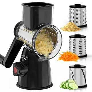 Vihoom Käsereibe mit Kurbel, Mandoline Gemüsehobel mit 3 Edelstahl Austauschbaren Trommelblättern, Gemüsereibe Manuell, Mehrzweck Gemüseschneider Ideal für Käse, Gurken, Karotten, Nüsse