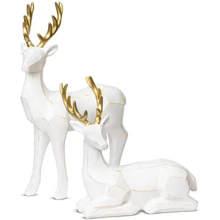 KI Store 2 Stück Rentier Tier Figur Skulpturen Statuen Dekofigur groß, 20/30cm Figur deko Hirsch, Weihnachten Rentier Weihnachtsdeko Hirsch aus Kunstharz (Weiss)