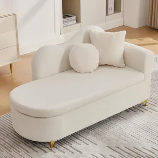 Merax Chaiselongue mit Stauraum und Massivholzrahmen, Liegesessel Schlafsessel mit Teddyplüsch, Relaxliege mit Wellen-Rückenlehne und 2 Kissen, Weiß - Weiß