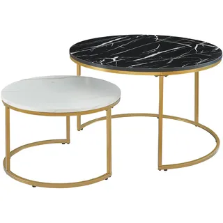 [en.casa] Couchtisch Christchurch 2er Set Marmoroptik, Schwarz/Weiß/Gold