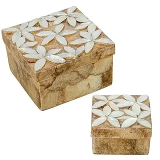 Set mit 2 quadratischen Perlmutt-Boxen mit geprägten Blumen in Natur und geröstet, 8 x 13 x 13 cm