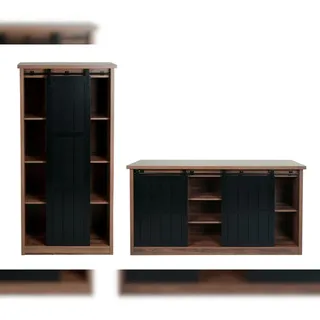 Mendler Wohnzimmerset aus Schrank und Sideboard HWC-K75, Schiebetüre Staufächer, Holz-Optik Industrial Metall ~ braun