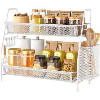 VITVITI Gewürzregal, 2 Etagen Küchen Organizer, Metall Schrank Organizer, Stehend Badezimmer Organizer, Küchenregal Arbeitsplatte für Küche, Badezimmer, Büro, Weiß