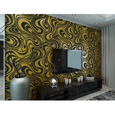 KeTian Moderne Wandtapete abstrakte 3D-Kurven, Vlies-Beflockungs-Streifen, für Wohnzimmer und Schlafzimmer, Tapetenrolle Schwarz/goldfarben, 0.7m (2.29' W) x8.4m(27.56' L)=5.88m2 (63.11sq.ft)
