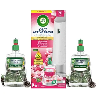 Air Wick Active Fresh Automatisches Duftspray Bundle – Automatisches Starter Set & Nachfüller – 1 x Kirschblüte & Himbeere + 2 x Festive Pine Bliss – Wasserbasiert, 3x 228ml