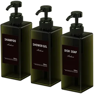 Anhow 3er Seifenspender Kunststoff, 500ml PETG Seifenspender mit 16pcs Kategorie Etiketten für Küche und Badezimmer Dusche/Küche/Badezimmer - Grün/ 500ml