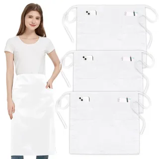 3 Stücke Taillenschürze mit 2 Taschen, Weiß Halbschürze für Damen Herren | Wasserdicht Kochschürzen mit langen Riemen, Kellnerschürze Lang für Bistro Restaurant Server Arbeit Küche Kochen Bar Gastro