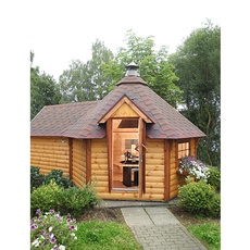 Bild Grillkota 9 de luxe mit Saunaanbau 3,76 x 5,8 x 3,64 m natur inkl. Dachschindeln rot/schwarz