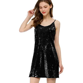 Allegra K Damen Halloween Paillettenkleid Ärmellos V-Ausschnitt Party Spaghetti Trägerkleid Glitzer Metallic Minikleid Schwarz M