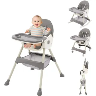 Hochstuhl Baby 3 in1 Kinderhochstuhl mit Tisch und Rollen Hochstuhl Verstellbar Klappbar Babystuhl Kombihochstuhl mitwachsend esszimmerstuhl ab 6 Monate Kinder kleinkinder grau