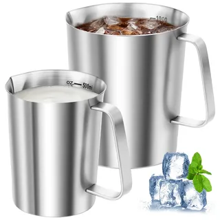 Goshoppers Messbecher 1L + 500ml Set, 2 Stück Milchkännchen Edelstahl mit Skala (oz & ml), Robuster Meßbecher für Küche, Café & Bar zur Getränkeherstellung
