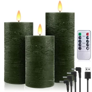 PinnWaa LED Kerzen, 3 wiederaufladbare Stumpenkerzen aus Echtwachs, Grün | 10-Tasten-Fernbedienung, Timer 2/4/6/8 Std, realistisch flackernde Flamme, warmes Licht, Stumpenkerzen für Weihnachtsdeko