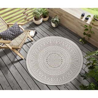 Northrugs Porto In- Outdoor Teppich Rund – Runder Wendeteppich Wasserfest Mandala Design Flachgewebe Teppich Wetterfest Balkon, Garten, Wohnzimmer in Linen, ⌀100cm