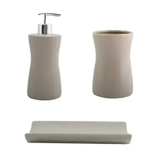 MSV Bad Accessoires Keramik 3-teilig - Seifenspender, Seifenschale, Zahnputzbecher Palma Taupe