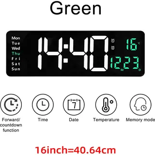 Große digitale LED-Wanduhr, Fernbedienung, Temperatur, Datum, Wochenanzeige, Speichertabelle, an der Wand montiert, zwei elektronische Wecker, 16 ZOLL, grün - Grün